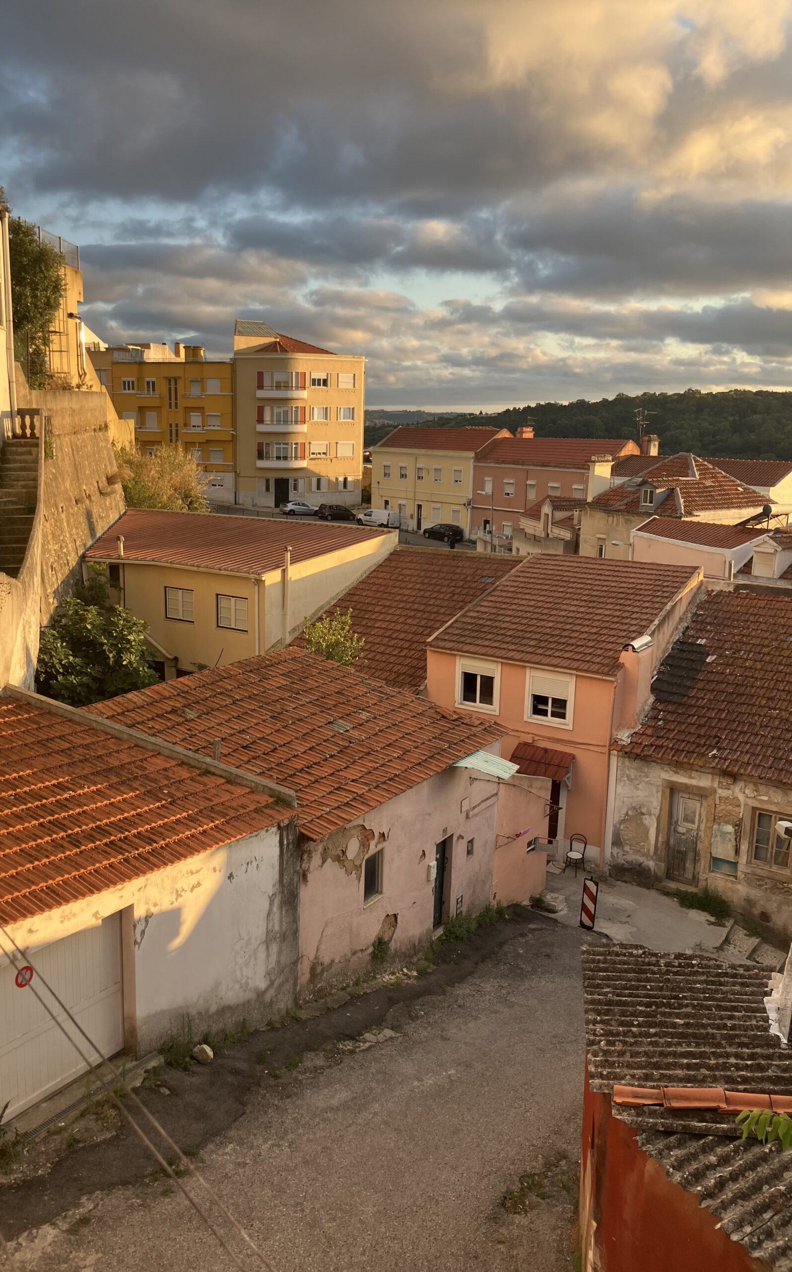 Blick von oben auf Straßenzüge mit Häusern im Abendlicht