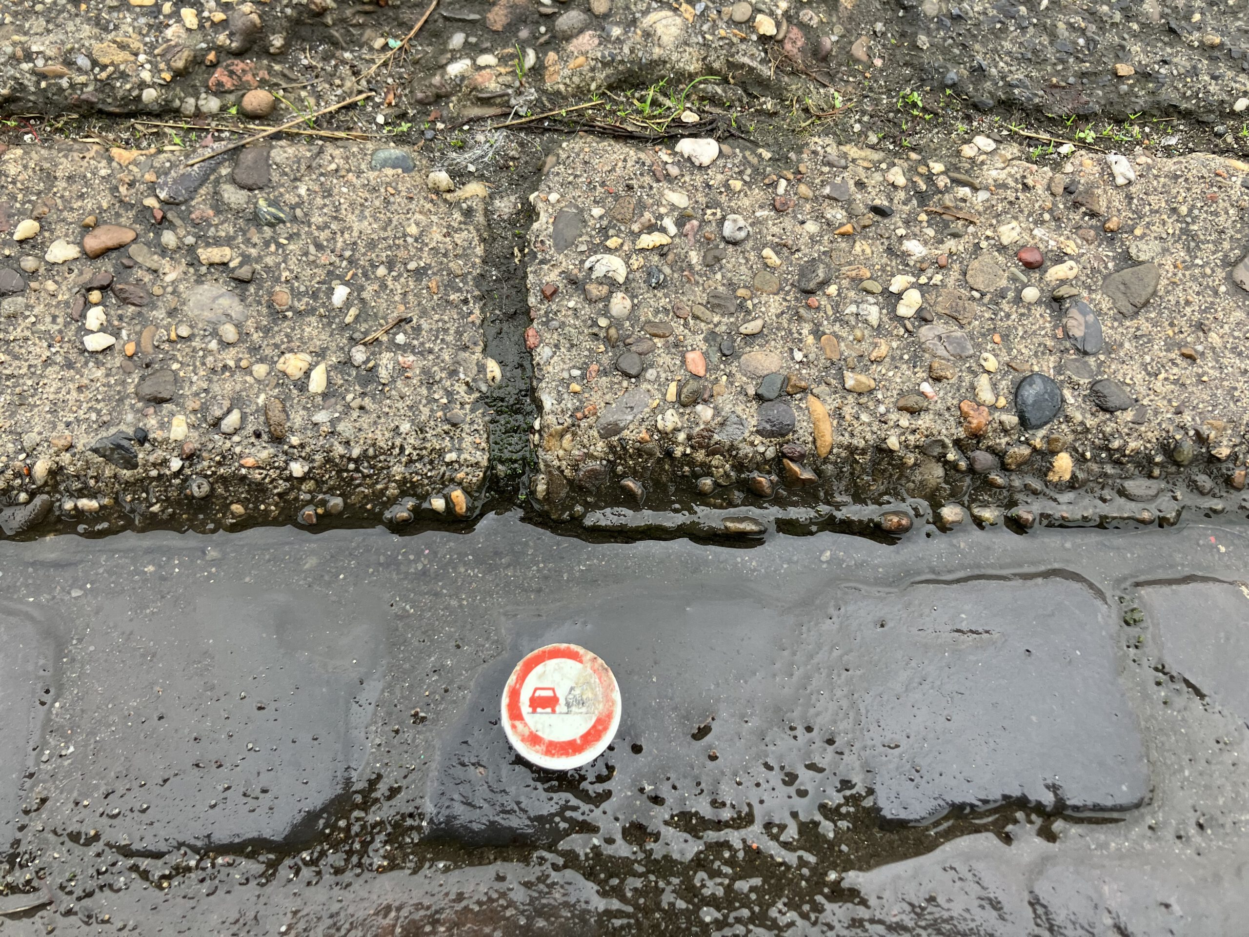 Spielzeugschild Überholverbot PKW liegt auf nassem Asphalt